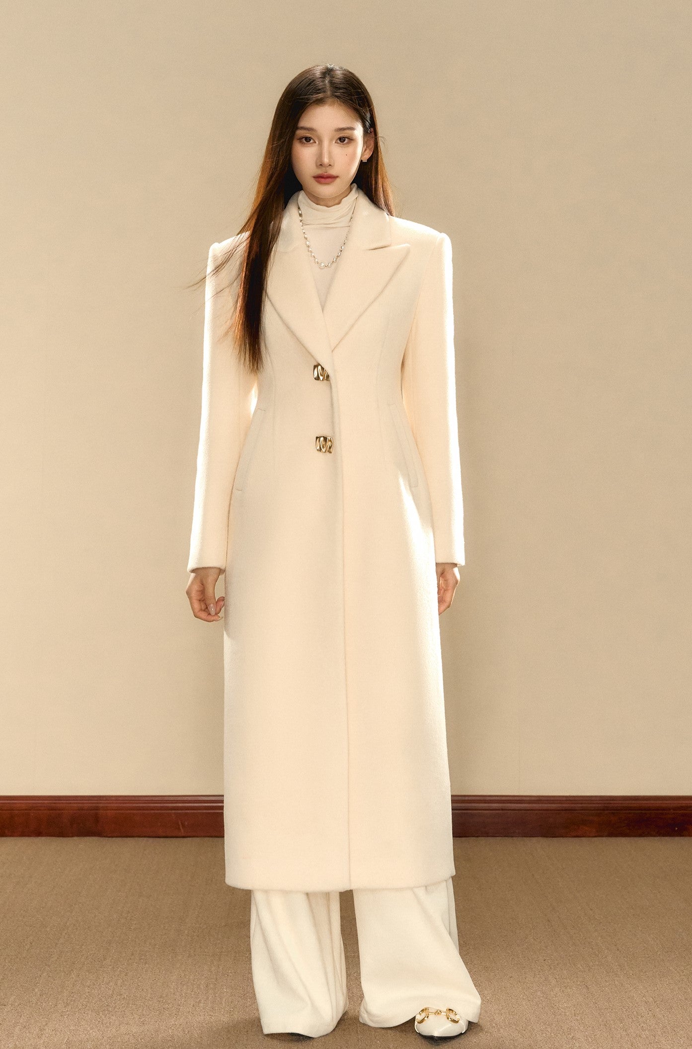 Milky White Simple Waist Long Wool Coat OSH0089