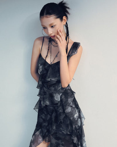 Butterfly Printed Ruffled Design Suspender Dress/Vest IAM0031