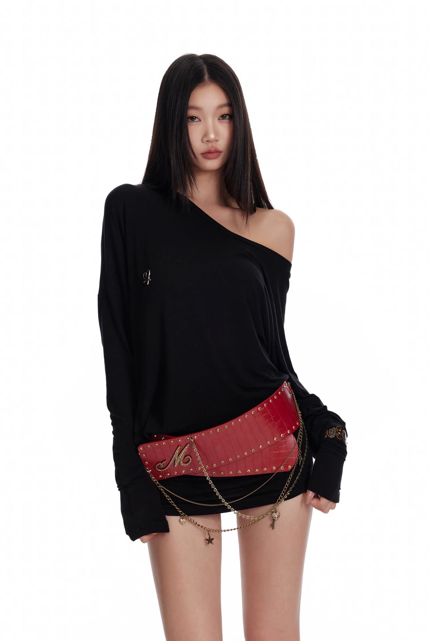 Oblique Shoulder Pleated Stacked Bottoming Long-sleeved T-shirt 4MU0072