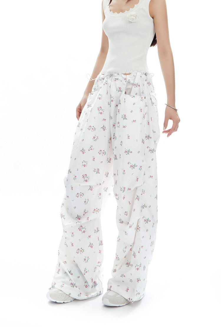 Floral Drawstring Loose Straight Versatile Wide-leg Pants APE0314