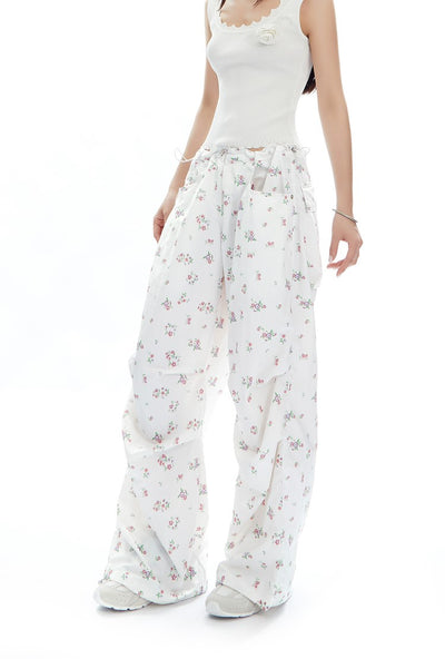 Floral Drawstring Loose Straight Versatile Wide-leg Pants APE0314