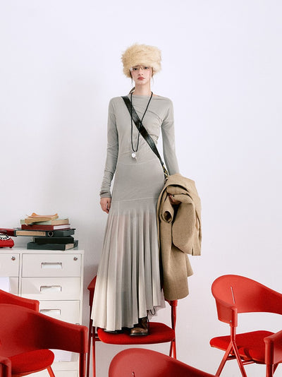 Irregular Slim Fit Long Sleeve Mesh Dress LAL0070