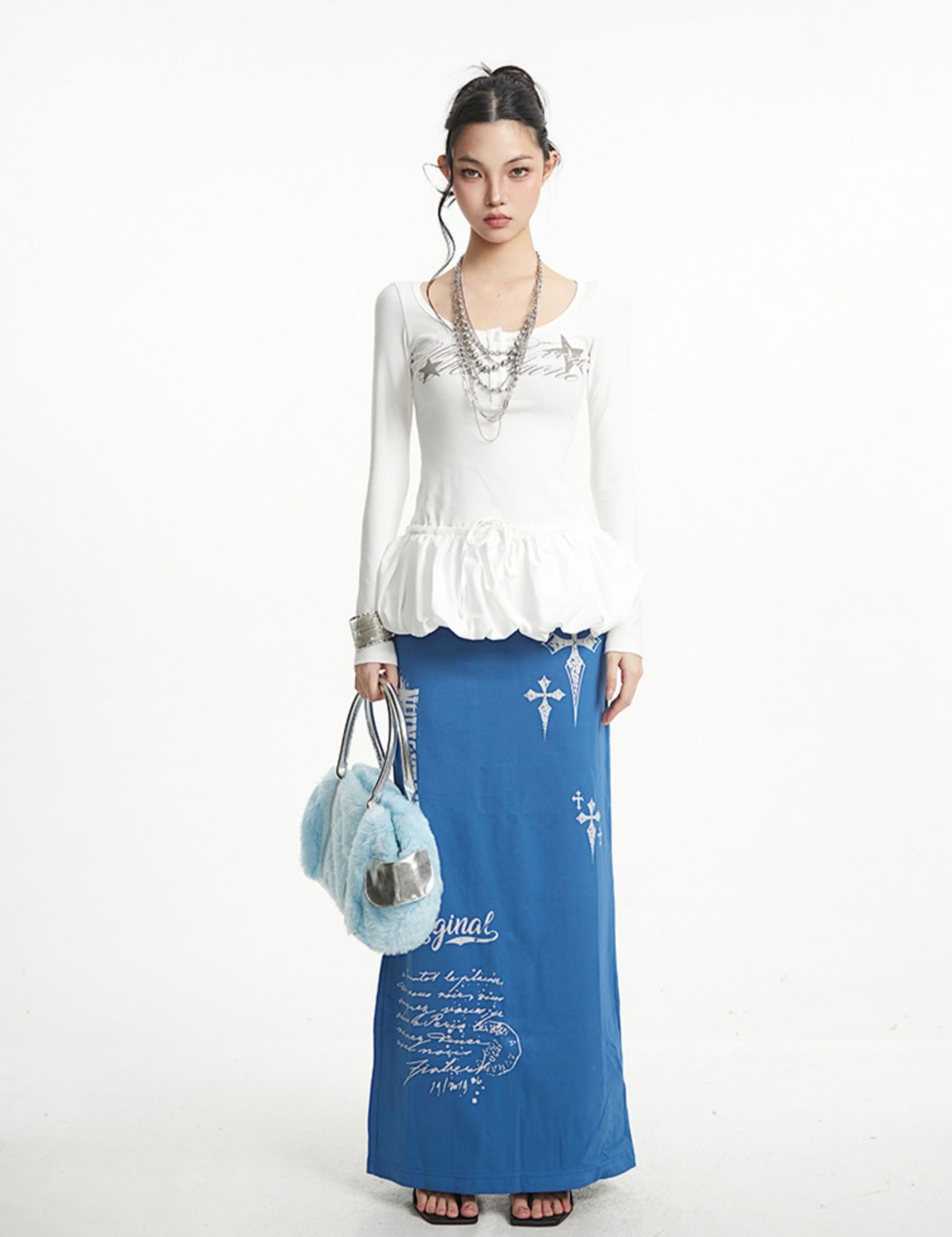 Cross Print Slit Straight Skirt UNC0270