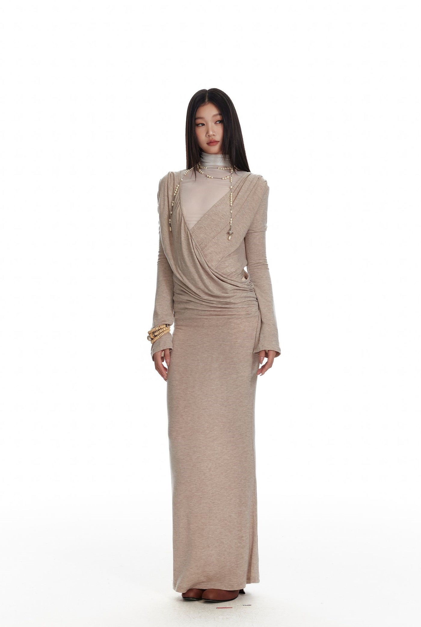 Greek style Asymmetric Drape Deep V-neck Knitted Dress/Mesh Top 4MU0079