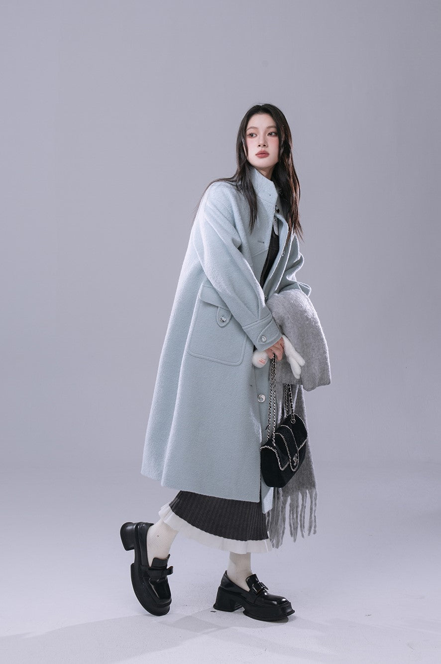 Skyblue Stand Collar Wool Long Coat COT0168