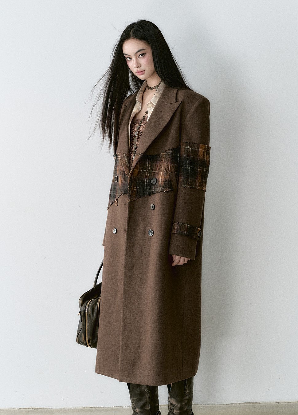 Plaid Stitching Design High-end Wool Long Coat VIA0163