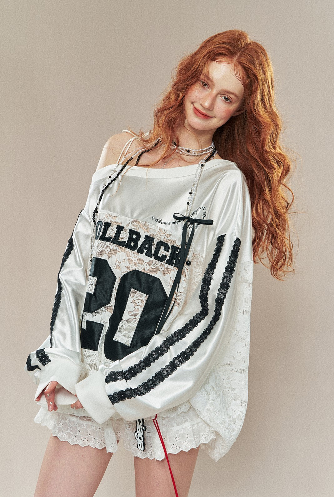 American Baseball Lace Lazy Hollow Embroidery Loose Off-shoulder Jersey Top DIA0205