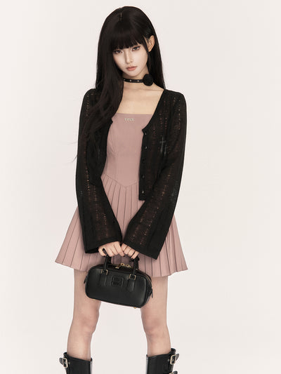 Square Neck Suspenders Pleated Dress VOC0415