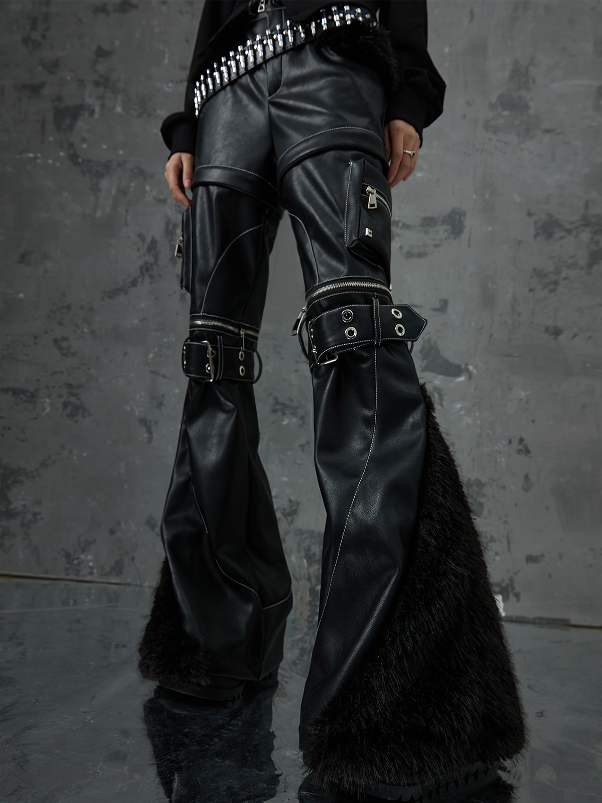 Punk Detachable Splicing Furry Flared Leather Pants FRU0050