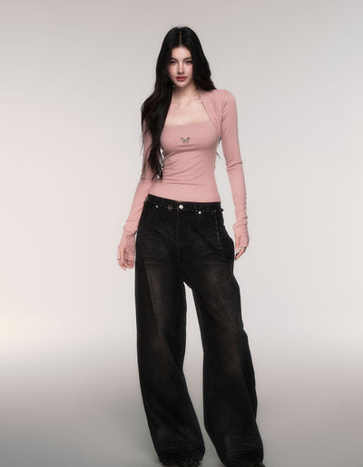 Black High-waisted Wide-leg Casual Jeans LUL0206