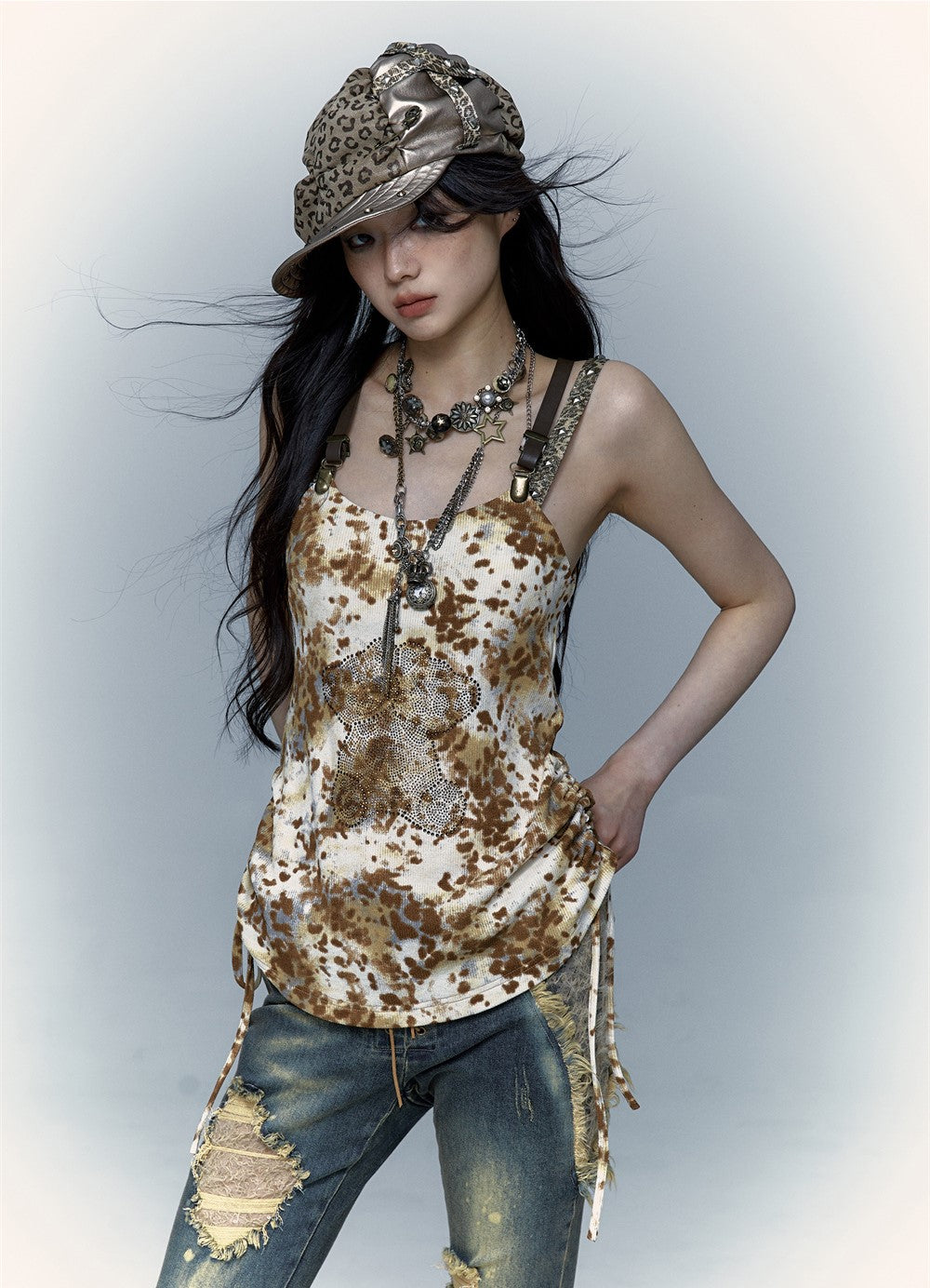 Punk Leopard Print Stitching Rivet Beret NOR0073