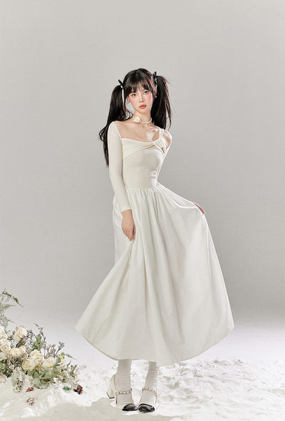 French White Hollow Design Knitted Long Dress TBI0048