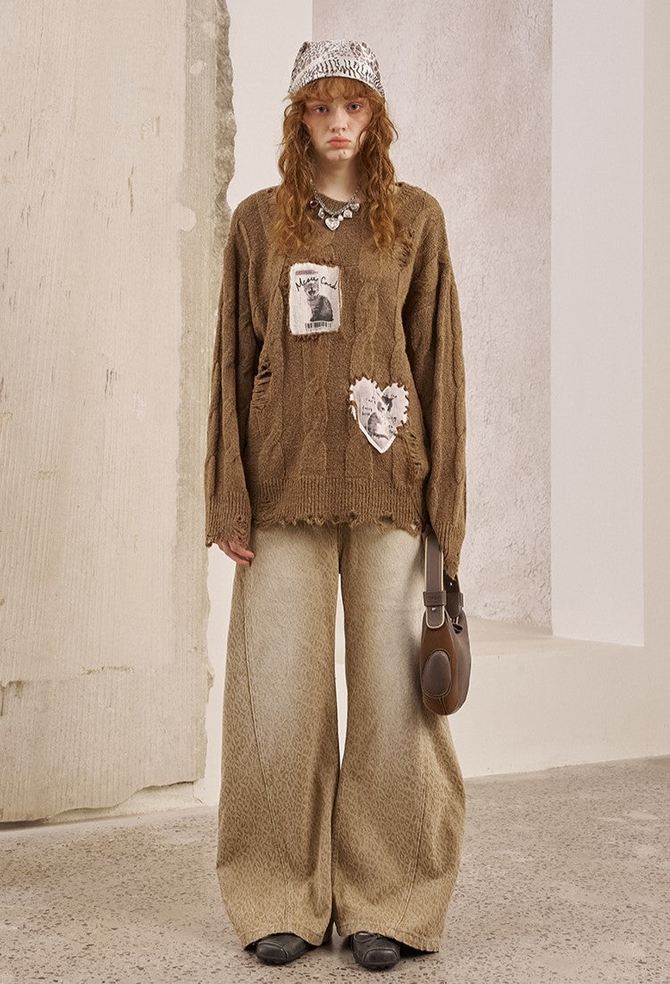 Appliqued Kitten Hollow Cable Sweater DID0235