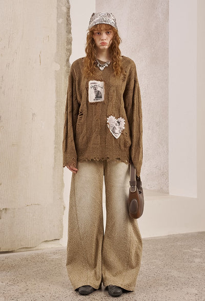 Appliqued Kitten Hollow Cable Sweater DID0235