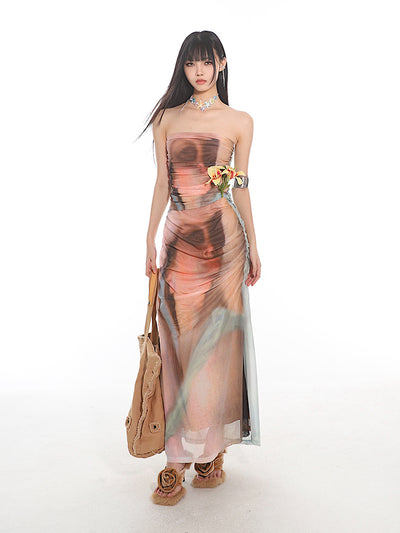 Portrait Printed Mesh Pleated Tube Top/Long Skirt UNC0142