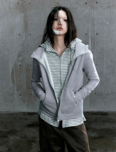 Two-color Rivets Antique Zipper Fake Two-piece Striped Hooded Jacket CES0100