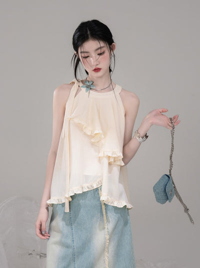 Irregular Halter Neck Ruffled Top/Pants COT0303