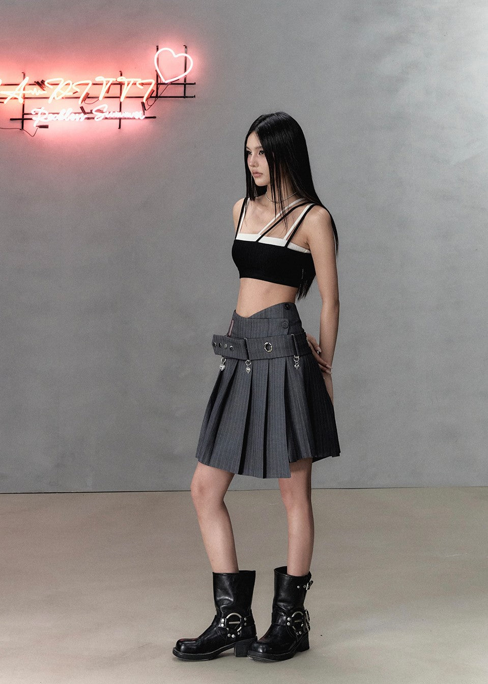 Irregular Waist Pleated A-Line Midi-Length Skirt/Belt VIA0135