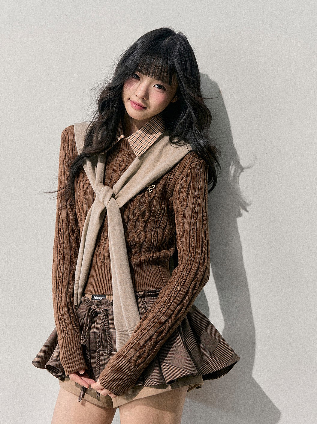 Plaid Collar Cable Knit Sweater DIA0751