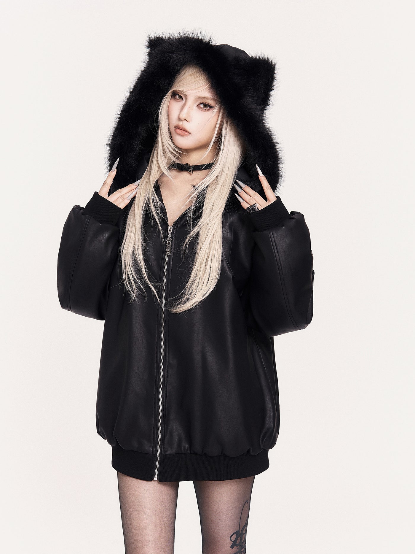 Fur Collar Cat Ears Hooded Leather Jacket VOC0466