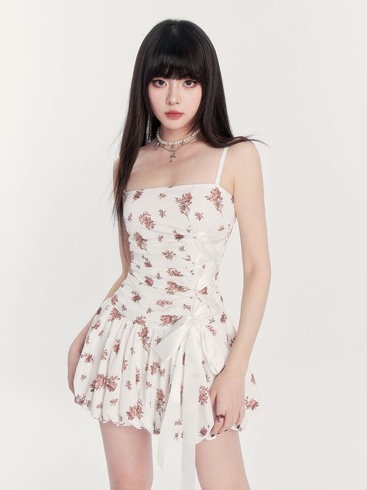 Floral Satin Side-tied Suspender Dress VOC0214