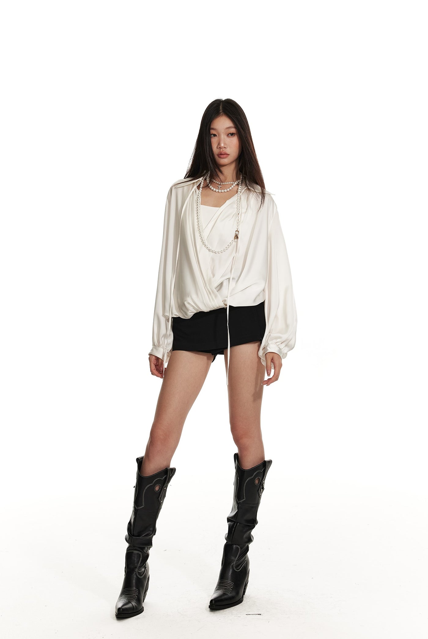 Lantern Sleeve Oblique Collar Loose Pleated Large Shirt 4MU0061