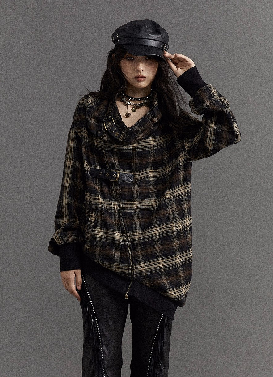 Retro Street Punk Lazy Style Pile Collar Plaid Asymmetric Jacket NOR0110