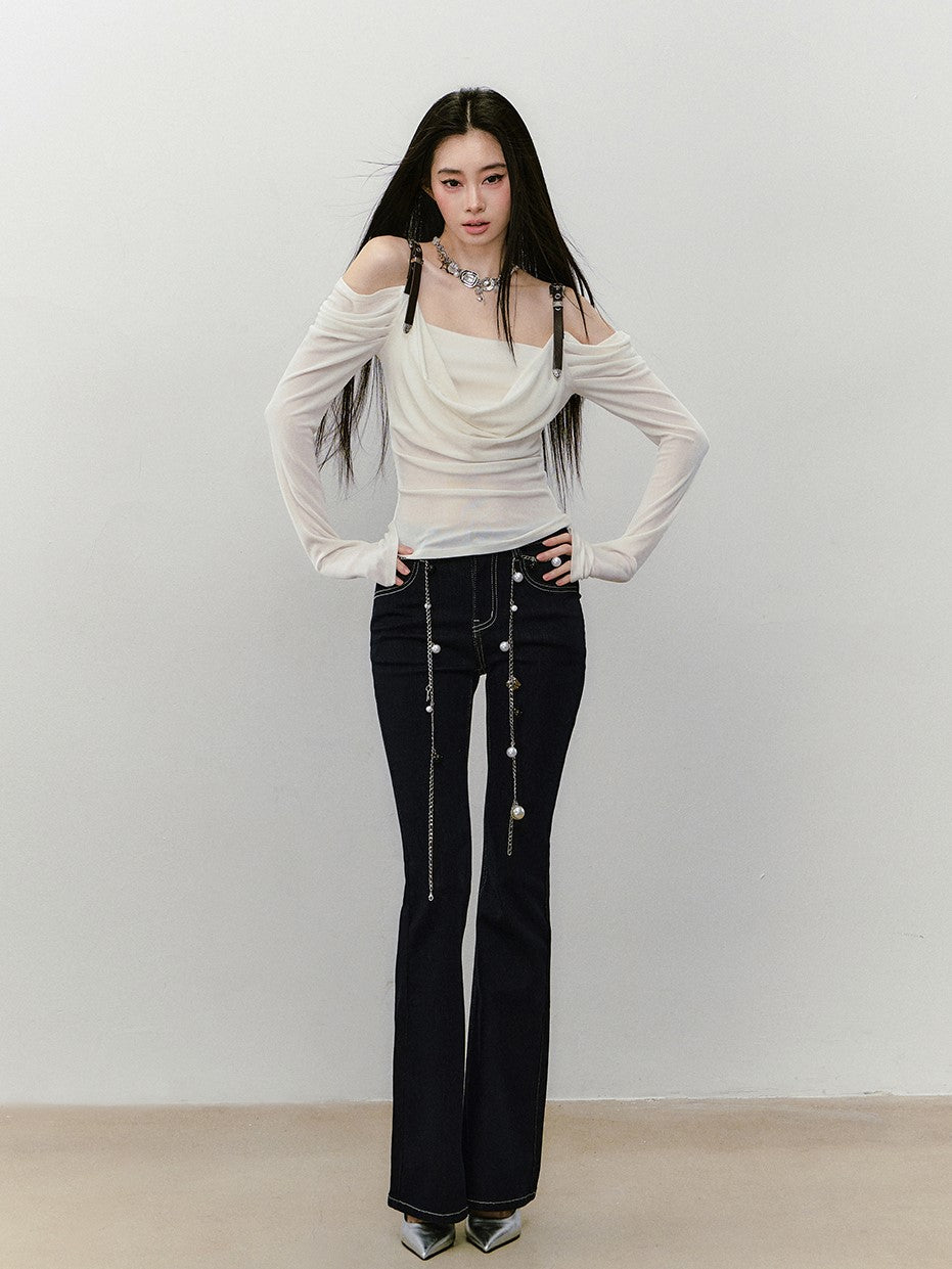 Leather Shoulder Strap Long-sleeved T-shirt VIA0336