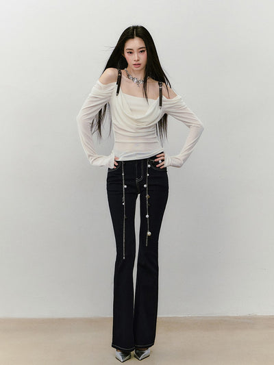 Leather Shoulder Strap Long-sleeved T-shirt VIA0336
