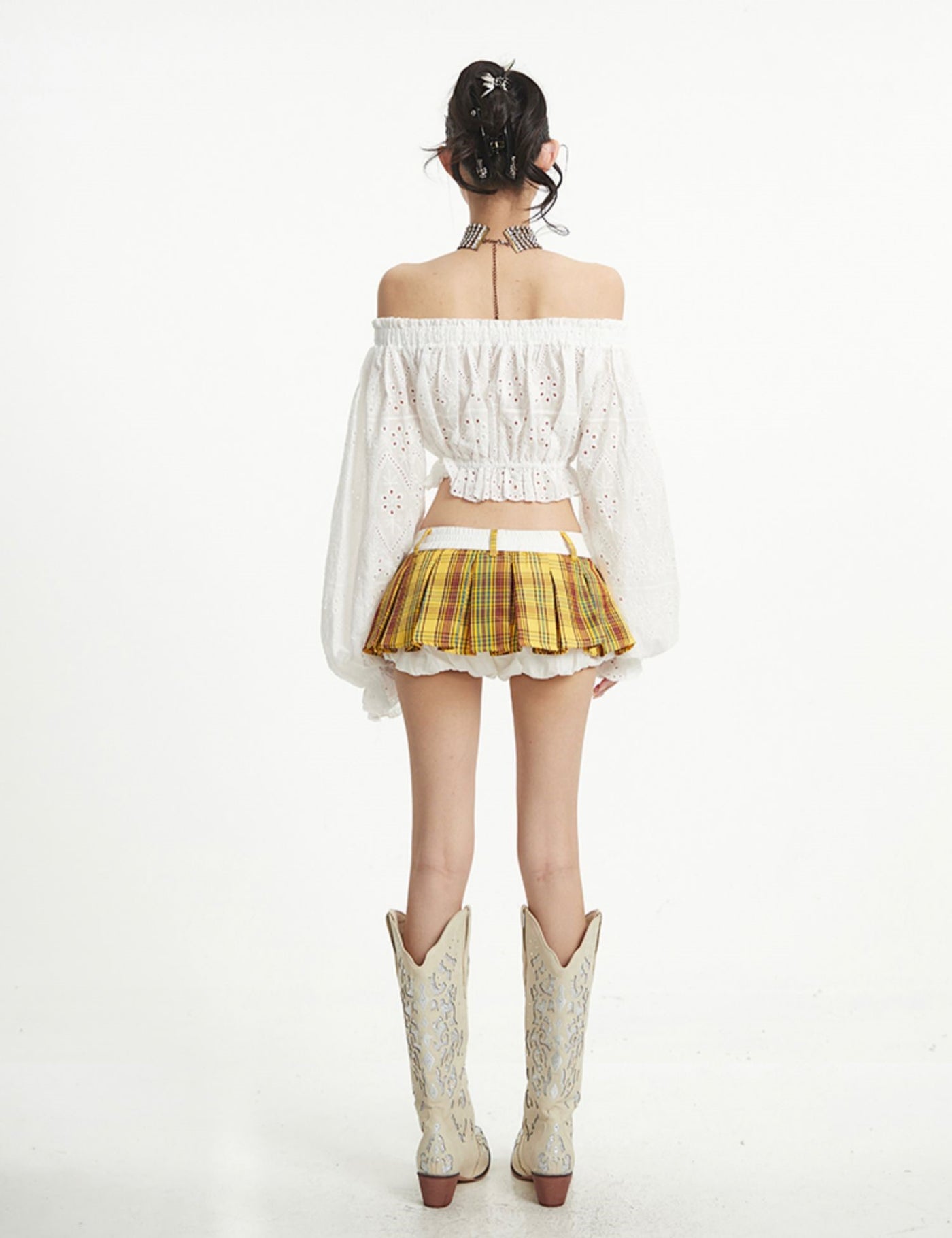 Puff Sleeve One Shoulder Bow Short Shirt UNC0258