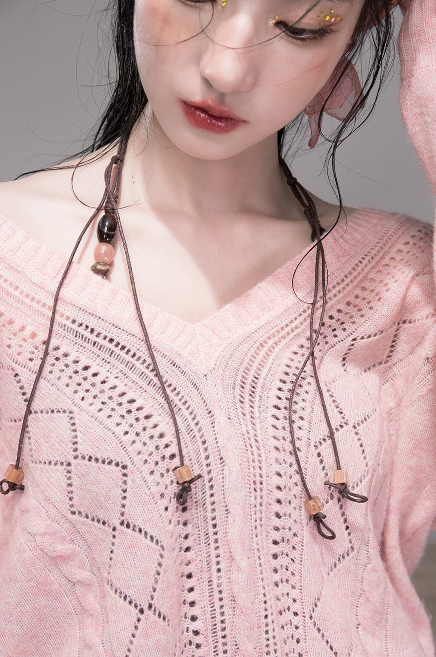 Pink Hollow V-neck Knit+Halter Neck Top COT0345