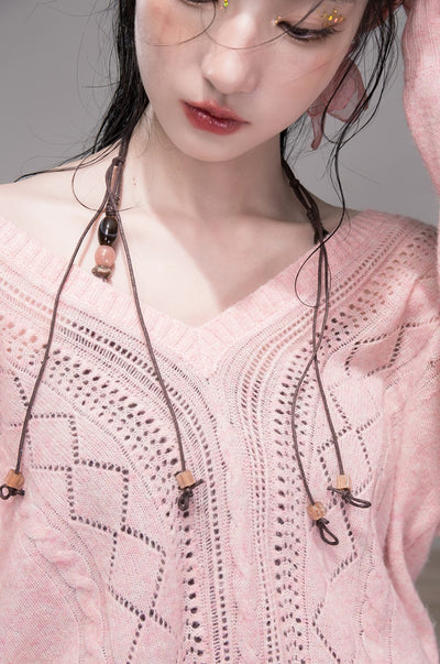Pink Hollow V-neck Knit+Halter Neck Top COT0345