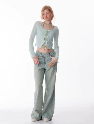 Slanted Waist Slim Flared Wide-leg Jeans ZIZ0134