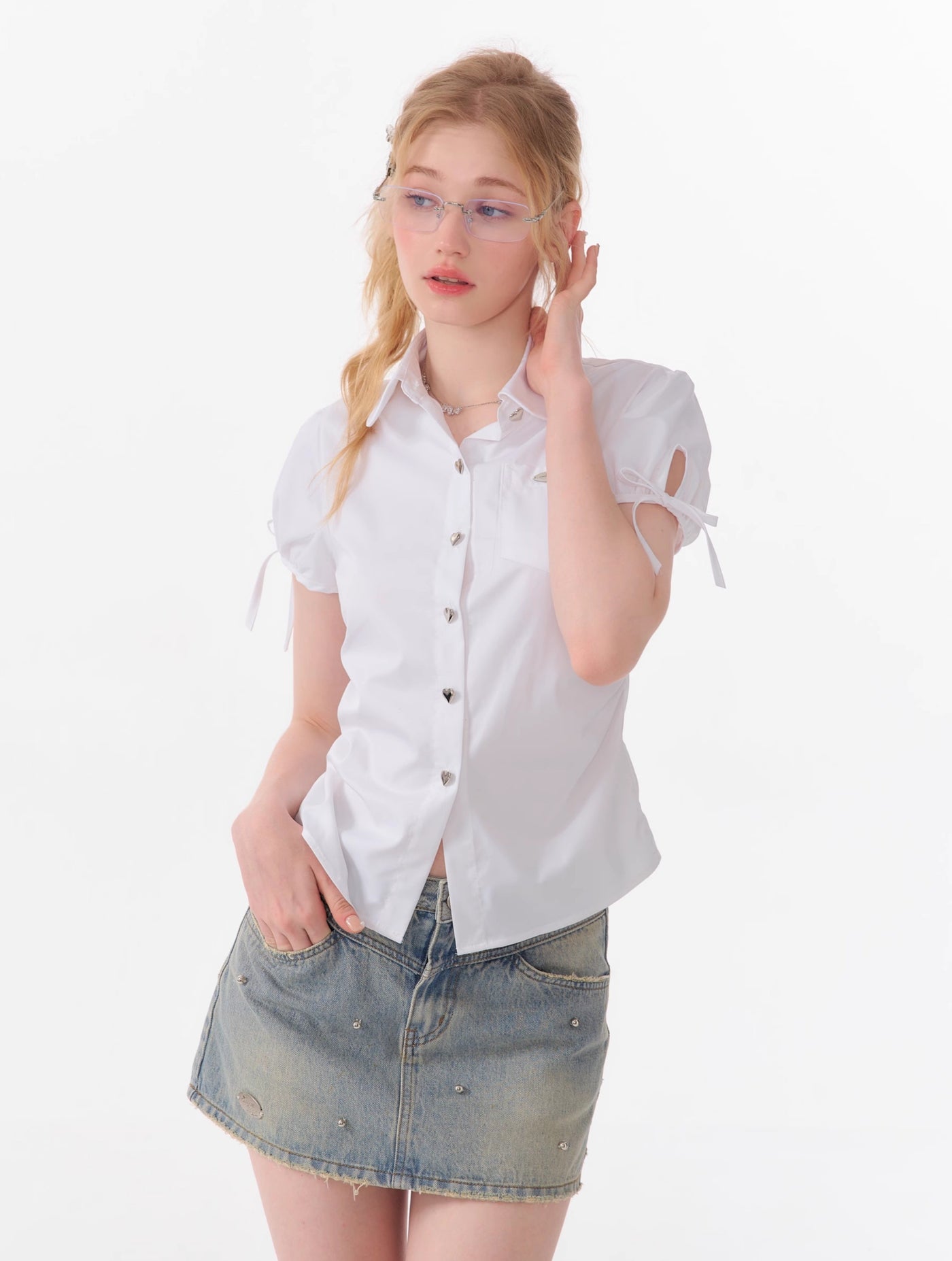 American Retro Design Puff Sleeve Bow Short-sleeved Shirt ZIZ0092