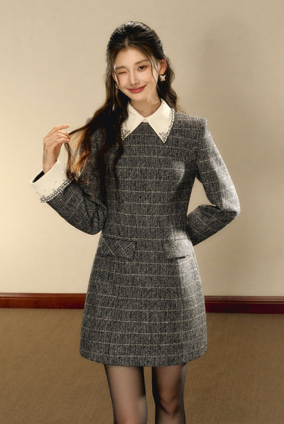 Check Wool Small Fragrance Waist Slim A-line Dress OSH0094