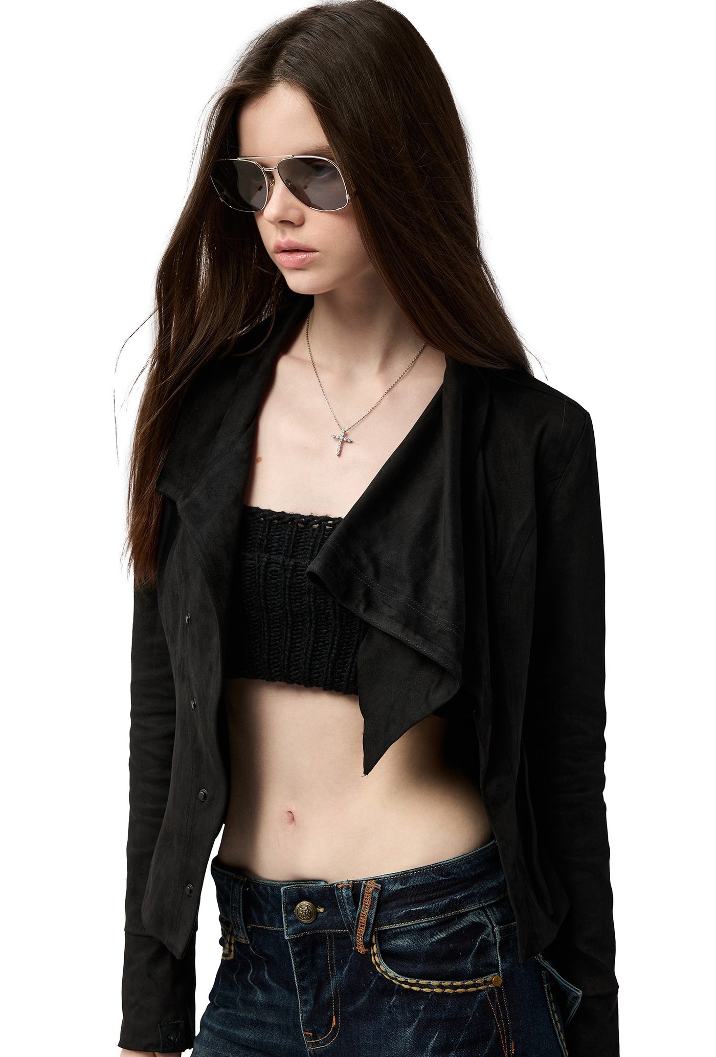 Black Asymmetrical Suede Jacket/Skirt 4MU0156