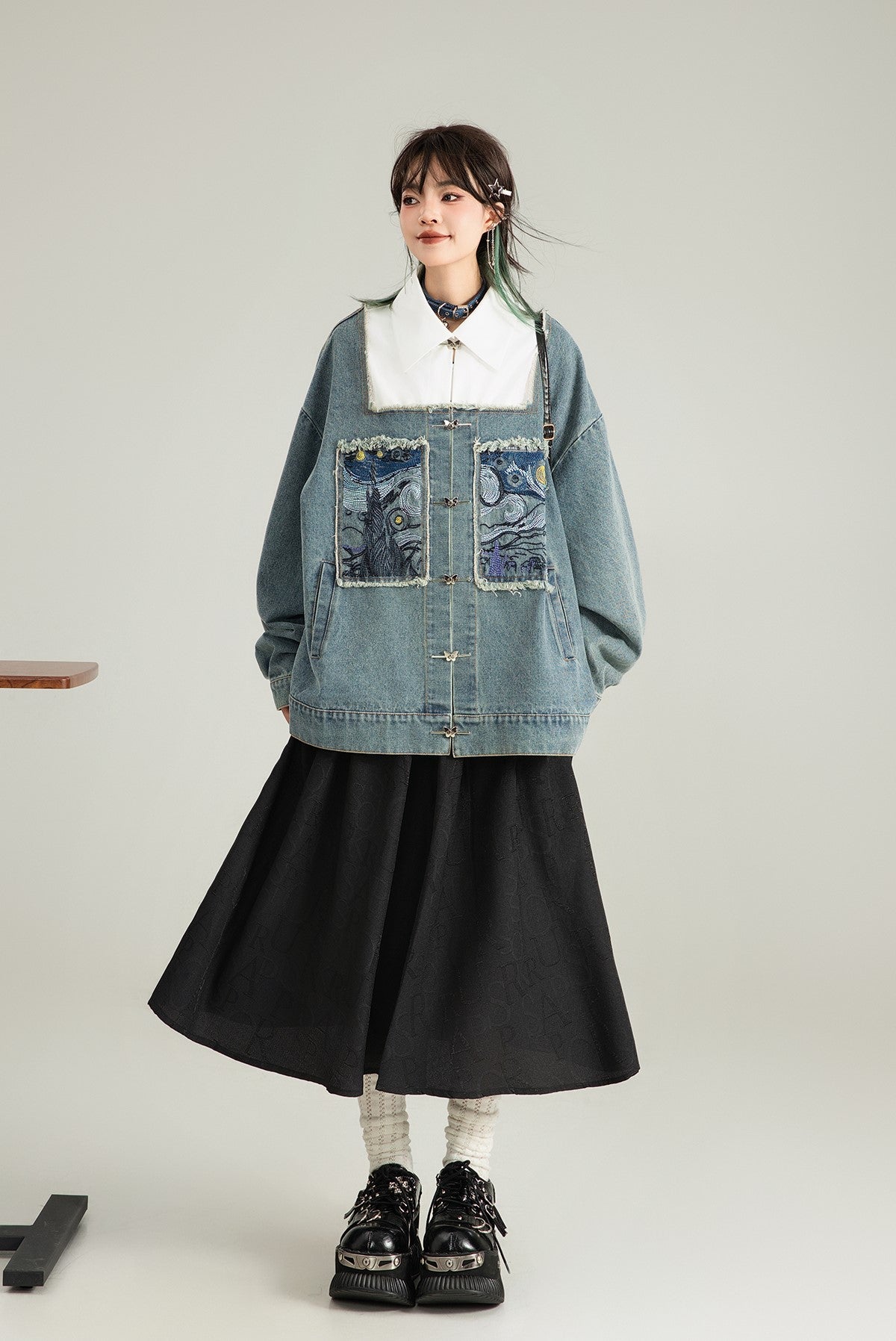 Literary Style Embroidered Denim Casual Jacket/Black Long Skirt KEI0122