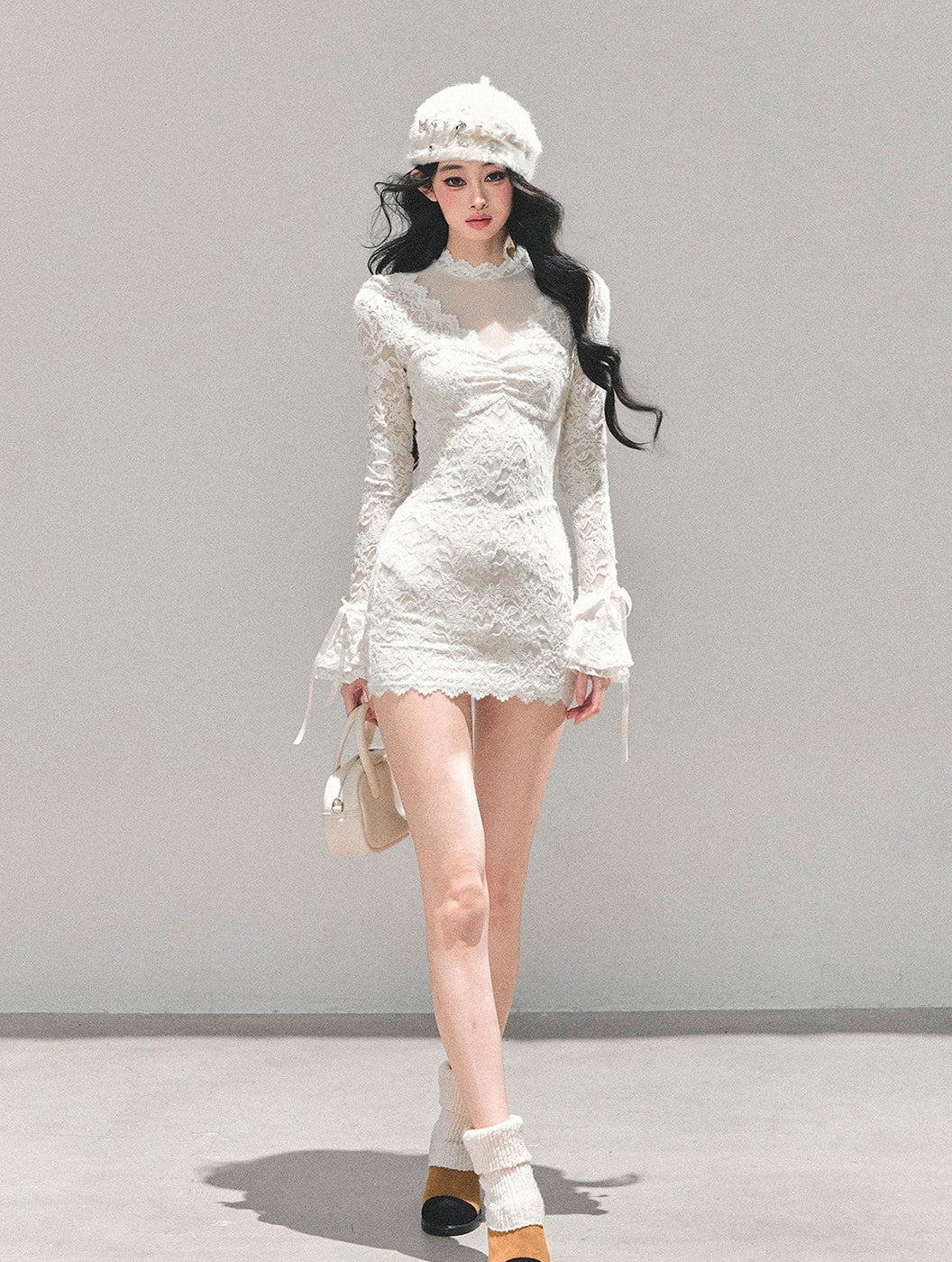 French-style Long-sleeved Lace Mesh Dress DIA0662