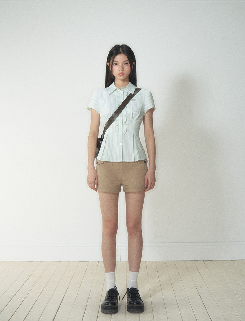 Retro Ruffled Slim Short-sleeved Shirt SOO0017