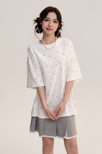 Daisy Wind Chime Floral Printed Short Sleeve Round Neck T-shirt AOO0014