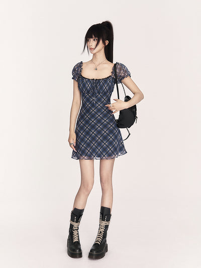 Plaid Puff Sleeve Slimming Dress VOC0402