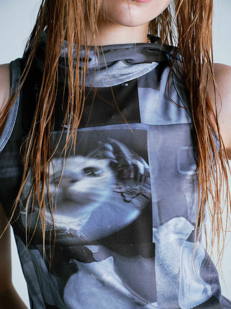 Cat Print Stretch Hooded Sleeveless Vest LAP0034
