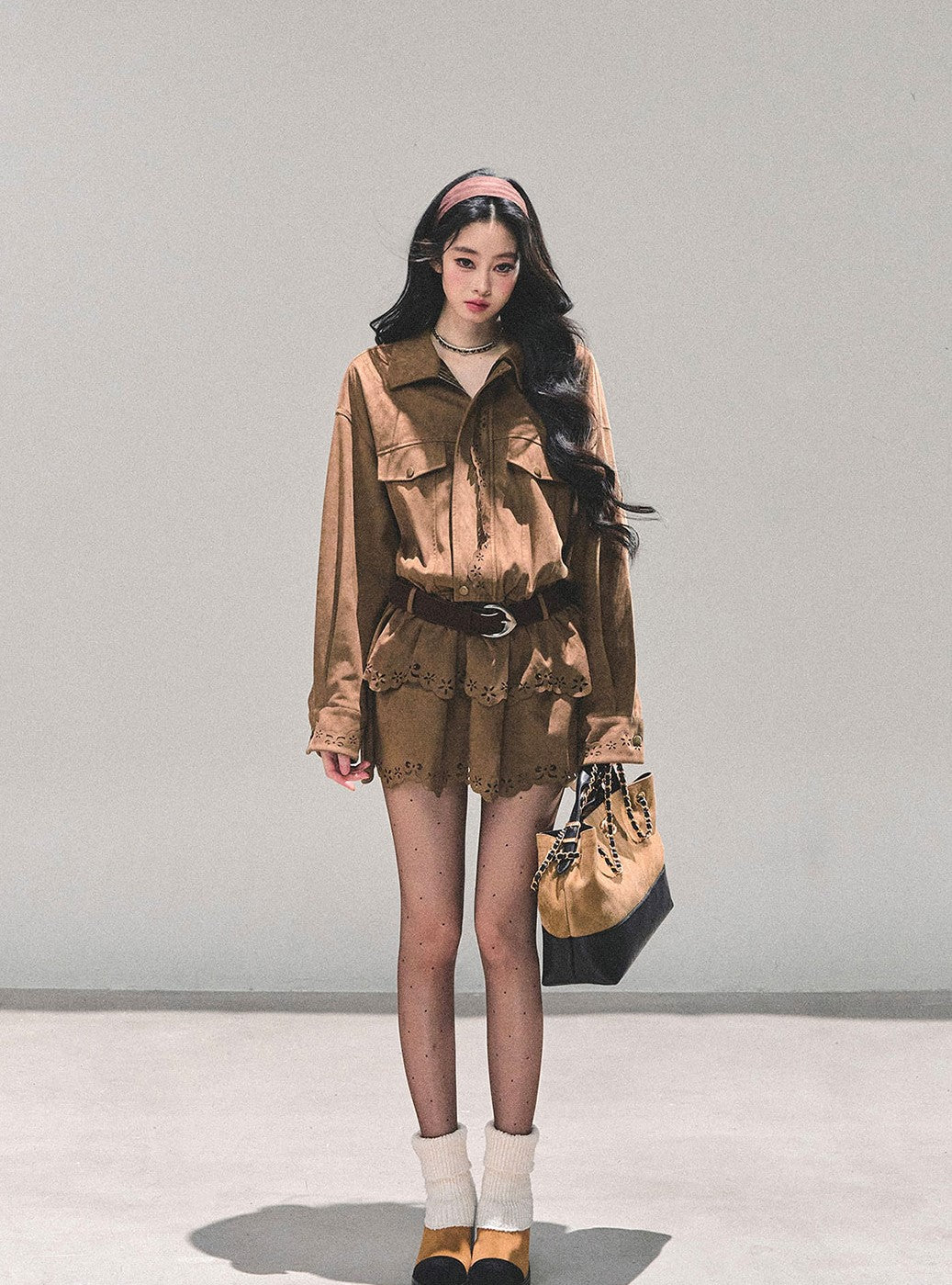 Faux Two-Piece Suede Shirt Dress DIA0680