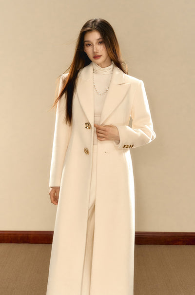 Milky White Simple Waist Long Wool Coat OSH0089