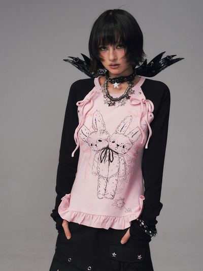 Bow Lace Print Raglan Long Sleeve T-Shirt FRU0126