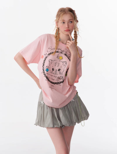 American Style Loose Cat Print Short-sleeved T-shirt  ZIZ0099