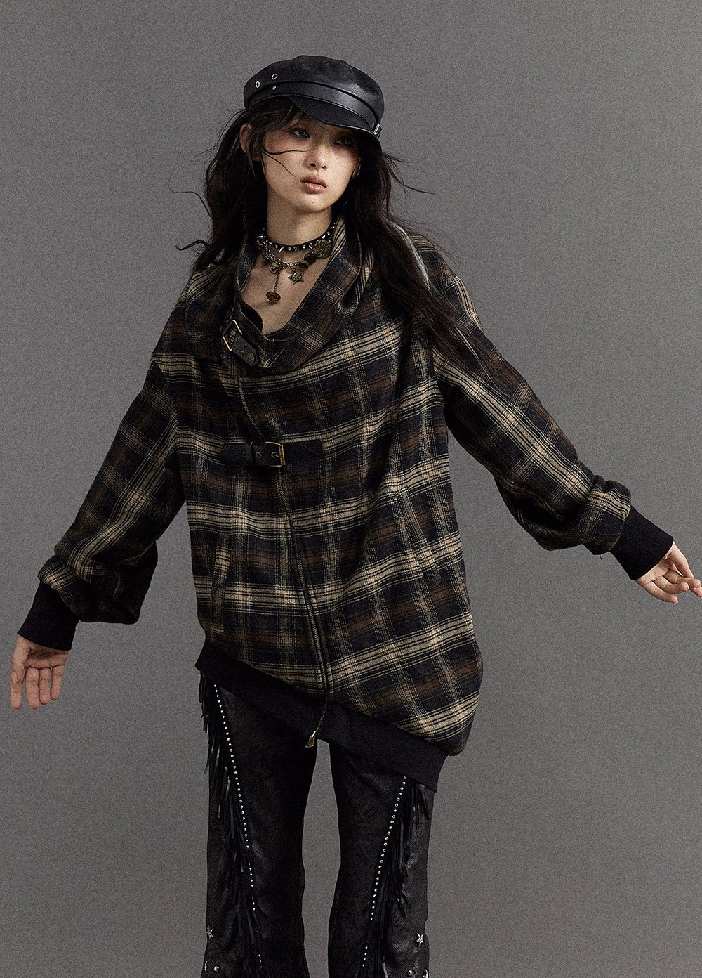 Retro Street Punk Lazy Style Pile Collar Plaid Asymmetric Jacket NOR0110