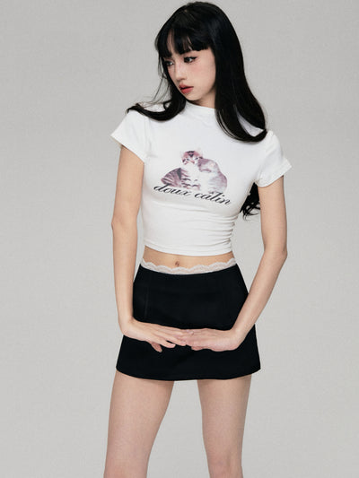 Funny Cat Printed Straight Shoulder Short Sleeve T-shirt LUL0065