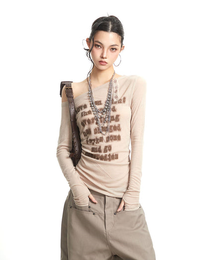 One Shoulder Letter Print T-shirt UNC0263