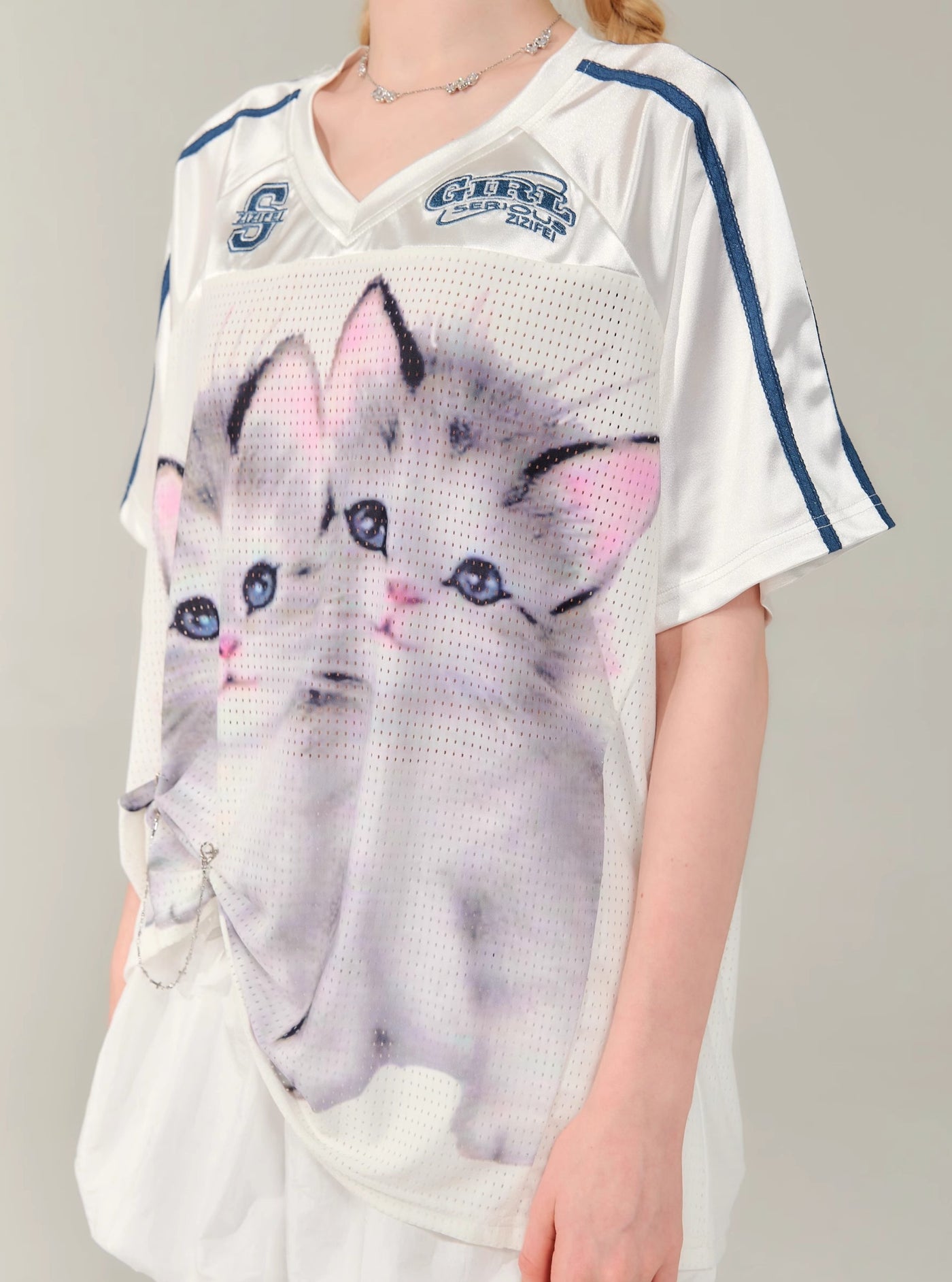 Cat Print Loose V-neck Quick-drying Short-sleeved T-shirt ZIZ0144